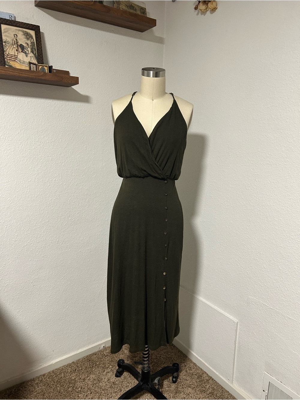 Lush Olive Green Wrap-Front Midi Dress
